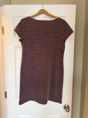 Loft Shift Dress Medium Burgundy Cream Geometric Print Casual Career Teacher D1 thumbnail 2