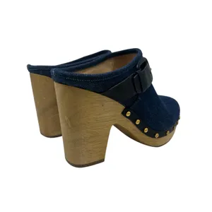 Veronica Beard Dacey Denim Clogs Heels Studded Buckle Wood Blue‎ Size 9.5 thumbnail 5