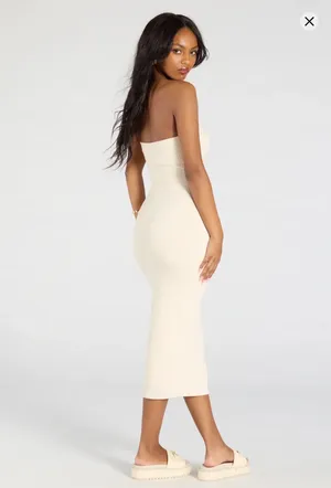 Windsor Strapless Cream Ribbed Bodycon Midi Dress thumbnail 2