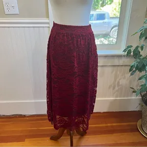 Lace Midi Skirt Burgundy Floral Scalloped Hem High Waist Size Small thumbnail 12