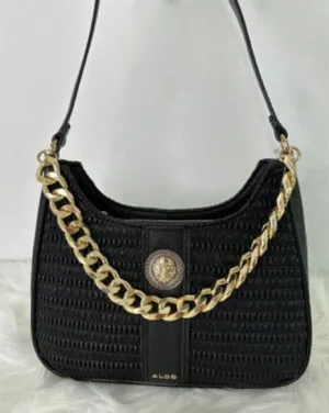 Aldo Black Textured Faux Leather Shoulder Bag Chunky Chain Detail and Lion Logo thumbnail 1
