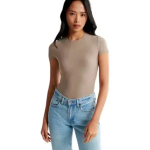 Abercrombie | Seamless Cotton-Blend Short Sleeve Thong Bodysuit in Tan thumbnail 2