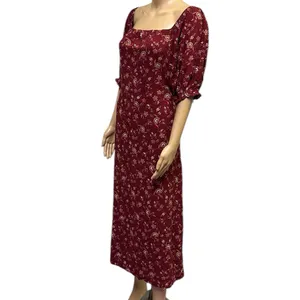 Mod Lusive Rayon Burgundy Floral Print Smocked Back Puff Sleeve Maxi Dress XL thumbnail 5