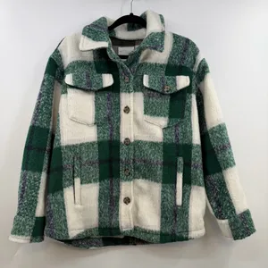 Avec Les Filles Plaid Sherpa Shacket Green Ivory Oversized Jacket L thumbnail 1