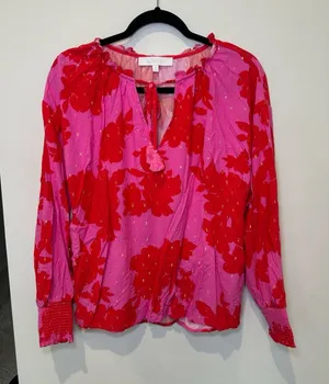 Sugarlips Pink and Red Floral Print Long Sleeve Split Neck Blouse with Gold Meta thumbnail 1