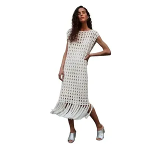 Eleven Six Shaya Crochet Midi Dress w/ Fringe Ivory Cotton Resort Wear Old Money thumbnail 4