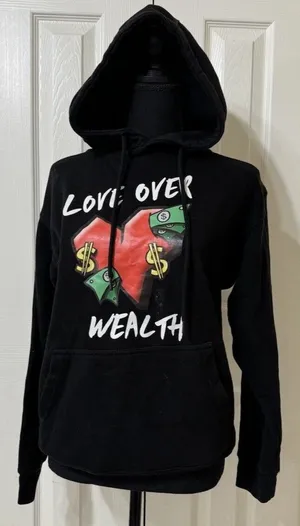 VTG Y2K Love Over Wealth Collection Hoodie Love Heart VS old Money‎ Dollar USA S thumbnail 1
