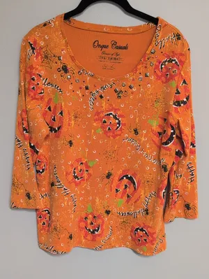 Onque Casuals 3/4 Sleeve Halloween Top | Pumpkin Halloween Pattern Shirt thumbnail 1