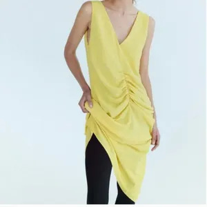 NWOT Zara Center Ruched Detail V-Neck Wide Straps Yellow Midi Dress Small thumbnail 7