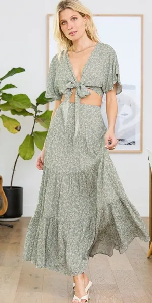 Lulus Sweet and Flirty Sage Green Floral Print‎ Two Piece Crop Top & Skirt XL thumbnail 1