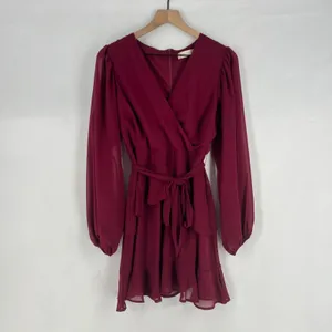Altar'd State Mini Dress Womens M Red Tie Waist Balloon Sleeve Ruffle Wrap Front thumbnail 3