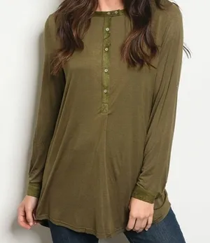 'VERY J' brand Small Olive Roll Button Sleeve Hi-Low Henley Office Blouse thumbnail 1