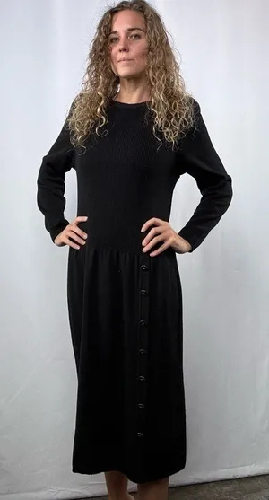Vintage Tricots Shoulder Pad Long‎ Sleeve Midi Sweater Dress in Black Size Small thumbnail 1