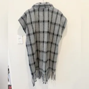 ZARA Plaid Wool Blend Oversized Poncho‎ Fringe Hem size XS thumbnail 5