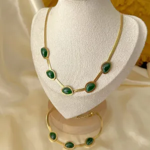 18K Gold Plated Emerald green snake Necklace SET Stainless Steel womens jewelry thumbnail 6