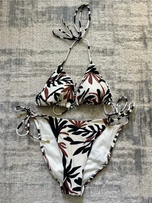 Target White Tropical Print Tie-Side Bikini with Black and Brown Leaves thumbnail 1
