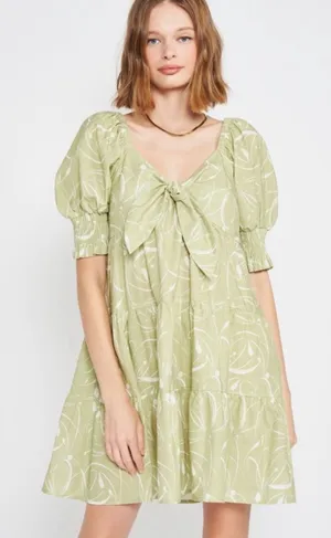 EN SAISON Idrissy Mini Dress Green Floral Puff Sleeve Bow Front Open Back Small thumbnail 1