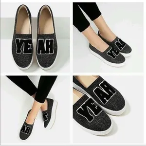 Zara 9 Sneakers YEAH Slip On Black Metallic Platform Canvas Casual Varsity Shoes thumbnail 2