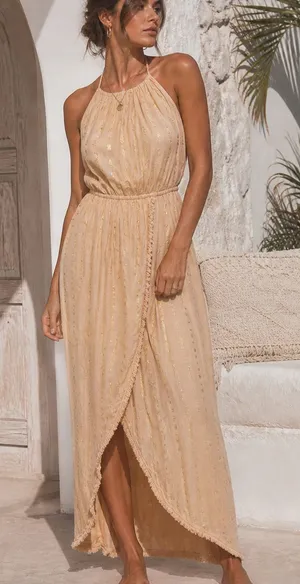 Surf Gypsy Halter Maxi Dress Size M Boho Gold Shimmer Backless Tassel thumbnail 1