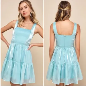 Lulus Thriving Darling Shiny Teal Blue Mermaidcore Sleeveless Tiered Mini‎ dress thumbnail 2