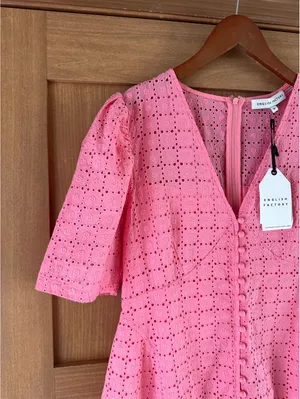 NWT English Factory Broderie Lace Puff Sleeve Mini Dress in Pink Women’s Medium thumbnail 3