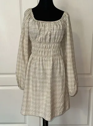 Leyden Cream Tan Gingham Ruched Detail Balloon Sleeve Western Dress thumbnail 1