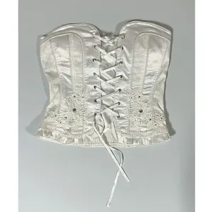 White Satin Silk Embroidered Floral Tie-Up Bridal Corset Top Bustier Lingerie Size S/M 🤍 thumbnail 2