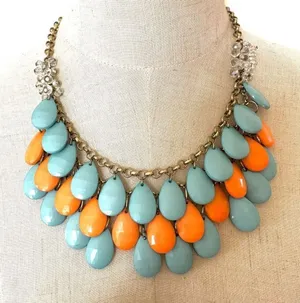 Orange and blue teardrop double strand statement necklace thumbnail 1
