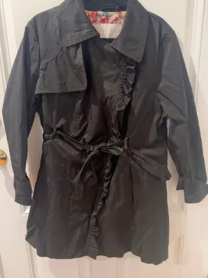 Jessica Simpson Black Ruffle Front Belted Trench Coat Plus Size 1X thumbnail 1