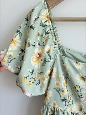 Altar’d State Floral Babydoll Mini Dress Puff Sleeve Sage Green Medium thumbnail 6