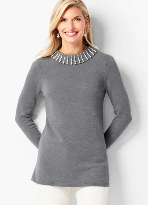 Women’s Talbots Sabrina Cashmere Blend Pearl Beaded Gray Tunic Sweater XS thumbnail 1