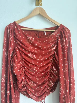 Free People L Ruched Floral Chiffon Open Back Blouse Balloon Sleeve Boho Top thumbnail 4