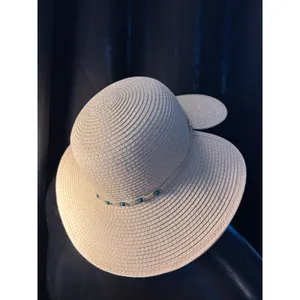 Woven Paper Straw Sun Hat Turquoise Bead Accent Split‎ Back Wide Brim Tan OSFM thumbnail 4