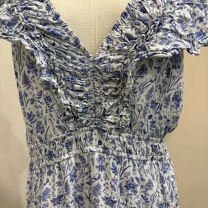 Baltic Born Crete Midi Dress Blue White Floral Toile Ruffle Tiered XL Cottage‎ thumbnail 6