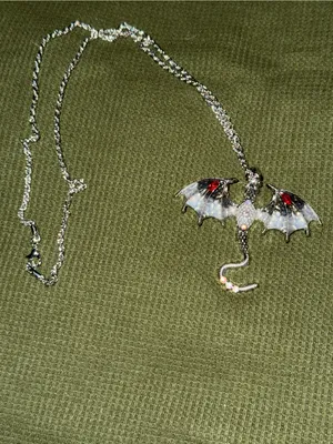 Silver Dragon Wing Pendant Necklace with Red Accent - Women Jewelry thumbnail 2