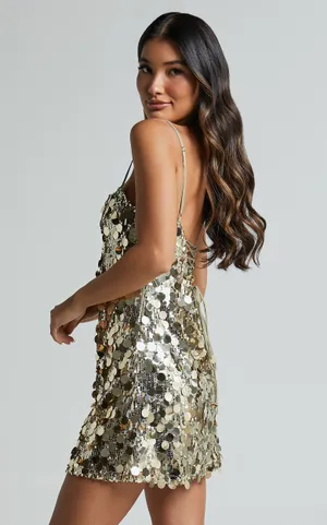 Cleo Mini Dress-Circle Sequin Mini Dress In Light Gold thumbnail 2