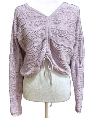 Jessica Simpson Sweater Womens M Lavender Pointelle Crochet‎ Ruched Crop Boho thumbnail 1