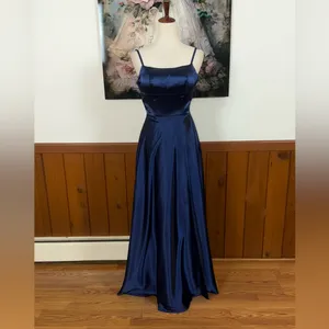 Gorgeous New Lecureler Navy Blue Satin Prom Gown thumbnail 3