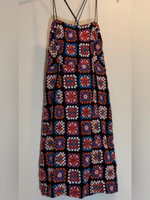 Anthropologie Granny Square Black Multi Crochet-Pattern Midi Dress Embroidered thumbnail 5