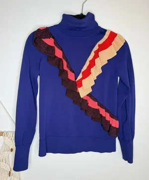 Asos sweater Royal Blue Knit Mockneck Ruffle Colorful Design Varsity red gold thumbnail 1