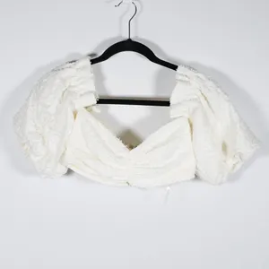 House Of CB Sorelle Woven Tweed Textured Off The Shoulder Crop Top White XS thumbnail 1