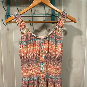 Source Unknown Cute stretchy tiered shell button front maxi dress aztec boho breezy smocked thumbnail 15