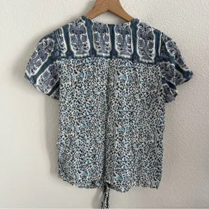 Lucky Brand Mixed Print Tie Front Button Blue Floral Top XS thumbnail 2