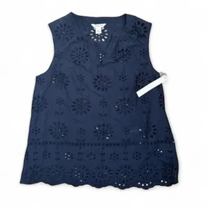 Caslon Sleeveless Top Womens Size S Navy Blue Eyelet V-Neck Floral thumbnail 2