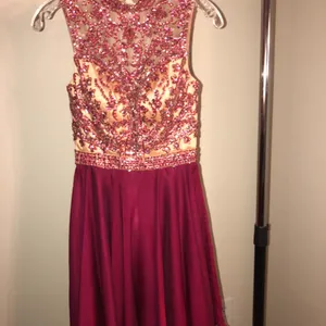 Sherri Hill Fuchsia and Gold Beaded High-Neck Prom Dress thumbnail 2