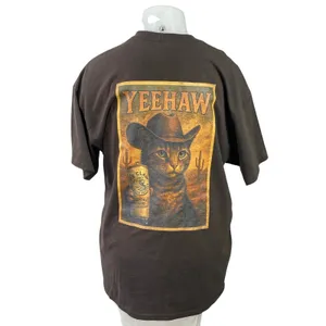Women's Brown Yeehaw Cowboy Cat Western Short Sleeve T Shirt Tee Top Size XL thumbnail 3