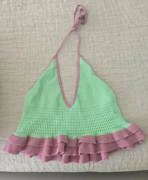 Verge Girl Birdies Knit Halter Crop Top – Mint Green & Mauve – Size Small thumbnail 1