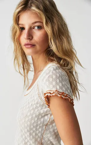 Free People White Garner Tee Pointelle Floral Lettuce Edge Trim Cotton Small thumbnail 1