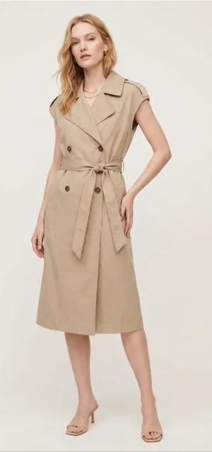 NEW H&M Sleeveless Trench Coat Layering Dress Tan Khaki Womens SMALL Belted thumbnail 1