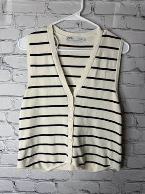 ZARA Cream & Black Striped Knit Button Front Vest size large thumbnail 2